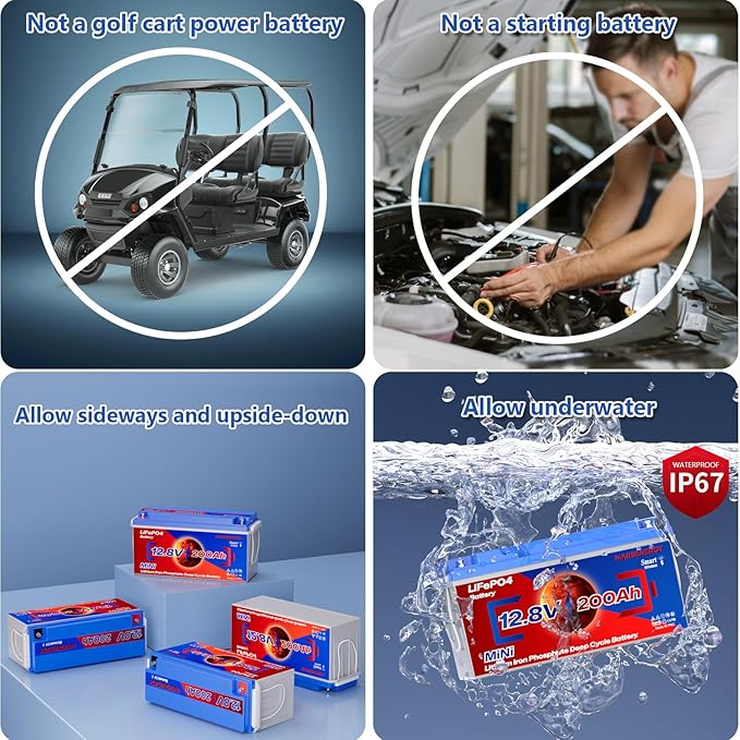 12V 200Ah Lifepo4 Battery with Bluetooth, Built-in 200A Smart BMS, Low-Temp Protection, 4500+ Deep Cycle Grade A Lithium Cells for RV Travel, Trolling Motor, Marine,Boat,Solar Panel,Camping