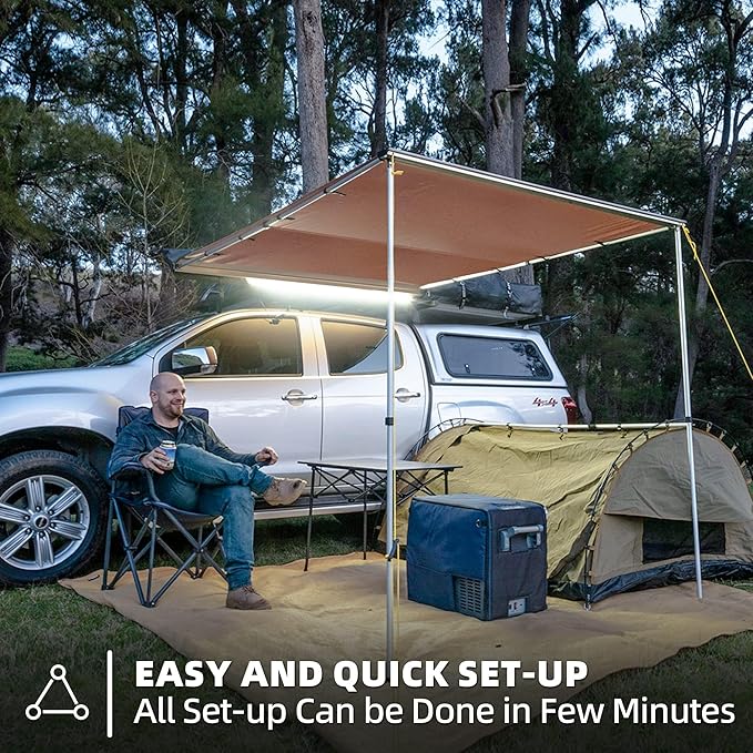 Vehicle Awning, 6.6ft x 8.2ft, Rooftop Pullout Ripstop UPF50+ Side Awning, Reinforced Hinges & Poles for Jeep/SUV/Truck/Van