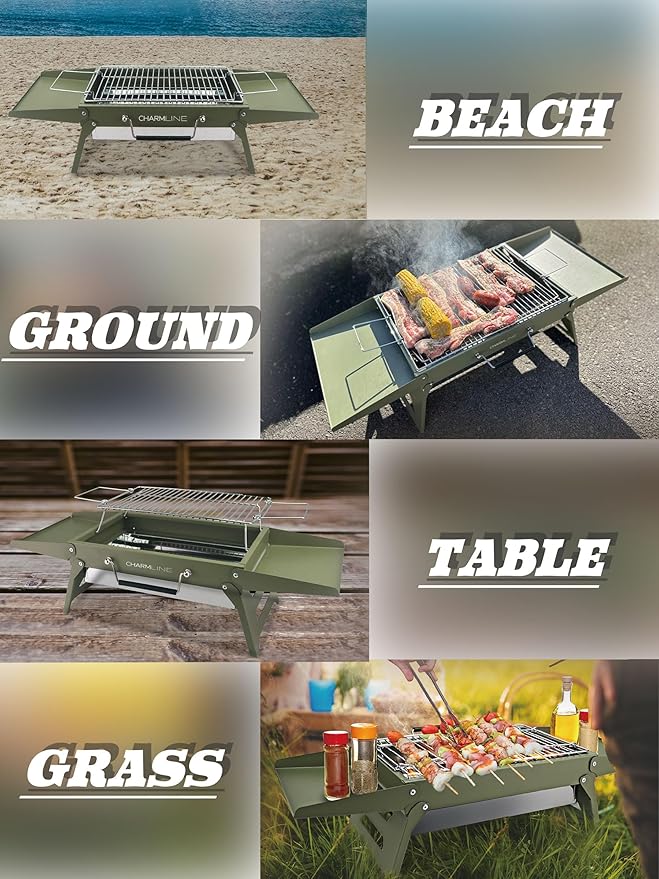 Charmline 14x9 inches Small Portable Charcoal Grill, Camping Gift for Outdoor Enthusias, Tabletop Charcoal Grills for Camping, Picnics, Gardens and Beach Parties, Green