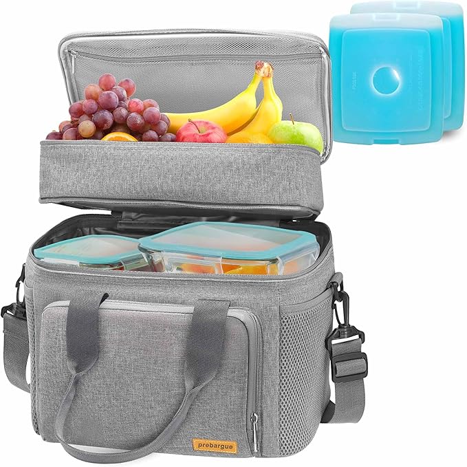 Lunch Bag-Double Deck Insulated Lunch Box for Men Women, Soft Leakproof Thickened Cooler Bag for Work , Picnic, Outdoor, Camping, Travel with 2 Ice Packs (Gray，15L)