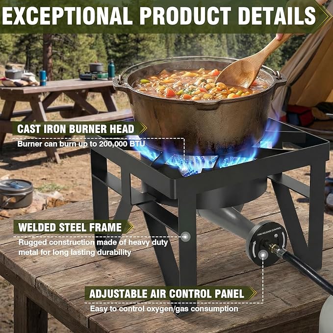 BESTFIRE 200,000 BTU Heavy-Duty Propane Burner – Outdoor Stove with 0-20Psi Adjustable Regulator & Black Hose – Ideal for Home Brewing, Turkey Frying, Camping & Backyard Cooking