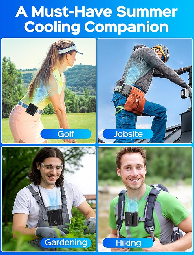 10000PRM Portable Waist Clip Fan, Up to 20Hrs Mini Portable Fan Rechargeable, Belt Clip on Waist Wearable Cooling Fans for Camping, Outdoor, Jobsite - Black