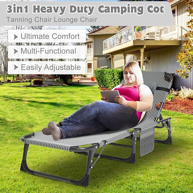 ABORON 5 Positions Camping Cots for Adults,Outdoor Folding Sleeping Cot/Mat,Folding Chaise Lounge Chair with Pillow,Portable Reclining Chair for Beach Lawn Camping Pool,Sunbathing Chairs