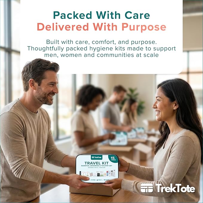 TrekTote Complete 15 Piece Unisex Travel Hygiene Kit with Toiletries & Personal Care Essentials, TSA-Compliant, Individually Packaged in Clear Bag, Single or Bulk Packs