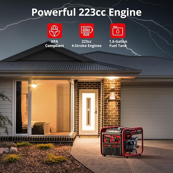 Portable 4500W Gas-Powered Inverter Generator with CO Sensor, Lightweight, Quiet, and EPA-Compliant for Home, Emergency Backup, and Camping