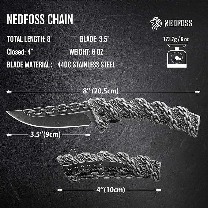 NedFoss Chain Pocket Knife Gifts for Men, Valentines Day Gifts for Him, 3.5 inch Flipper Opening Folding Knives, Cool Knife with 3D Pattern, Camping Hunting Knife Christmas Birthday Gifts For Men Husband Women (Black)