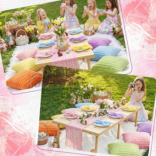 91 x 71 Extra Large Outdoor Boho Picnic Blanket with Pastel Table Runner, 6 Throw Pillow Covers 6 Napkins Woven Cotton Yarn Oversize Beach Blanket Washable Picnic Camp Wedding