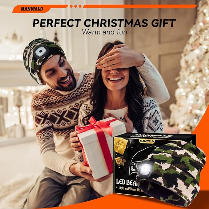 LED Beanie Hat with Light, USB Rechargeable LED Headlamp, Birthday Gifts for Women Adults, Gifts for Men, Him, Boyfriend, Husband, Camouflage, 2PCS