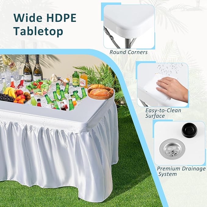 Giantex Foldable Ice Bin Table with Drain & Bucket, Removable Skirt, 48" x 32" HDPE Cooler Table for Parties, Catering, Weddings, Outdoor Events, Portable Fill and Chill Beverage Serving Station
