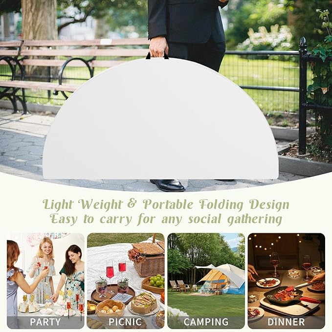 Fivenl 6 FT Round Folding Tables White Foldable Table, Fold-in-Half with Carrying Handle Portable Plastic Table for Party, Dining, Wedding, Camping, Picnic, Indoor Outdoor Events