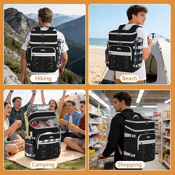 Cooler Backpack, 40 Cans Insulated Lunch Backpack Picnic Backpack for Men&Women, Durable Cooler Bag with 2 Leak Proof Compartments for Picnic, BBQ Camping, Lunch, Beach, Hiking, Black