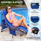 FUNDANGO 4 in 1 Tanning Chair with Face Hole, Beach Lounge Chair w/Canopy Shade & Side Table Chaise Lounge Chairs for Patio, Pool, Lawn, Sunbathing, 5-Position Adjustable Sun Lounger, Set of 2 Blue