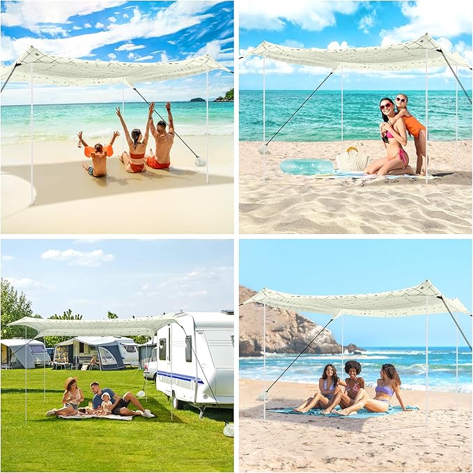 Beach Tent, Beach Canopy Sun Shade UPF 50+, Portable 10×10 FT Camping Sun Shelter with Sandbags, Poles, Ground Pegs and Anti-Wind Rope for Outdoor, Backyard, Picnics, Fishing
