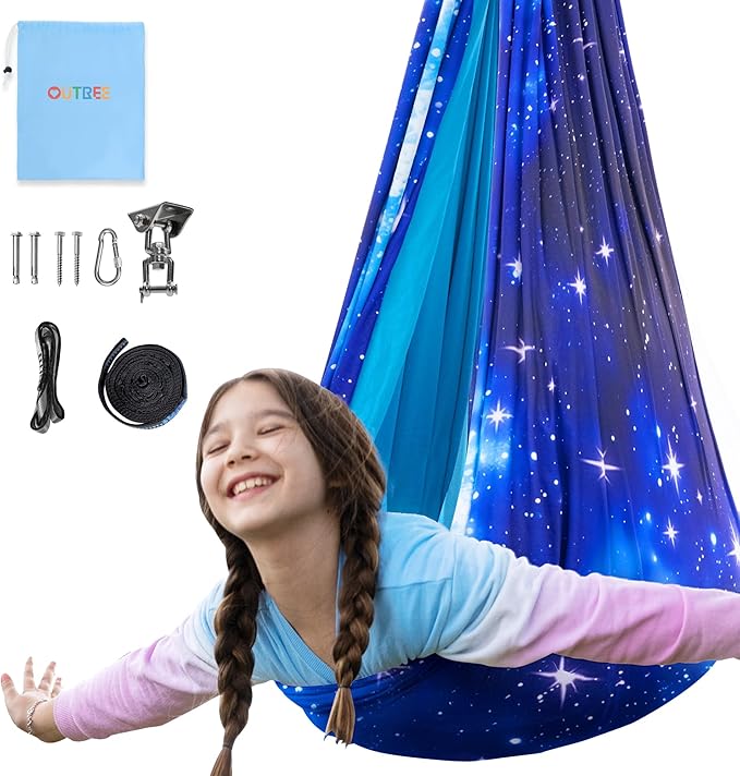 OUTREE Sensory Swing for Kids, Double Layer Therapy Hammock, Indoor Swing with 360° Swivel Hanger Kit and Adjustable Straps, Autism Sensory Product for Autism, ADHD (Blue Starry-Sky Printed)