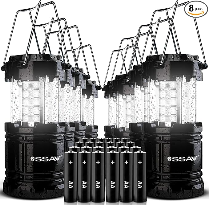 8 Pack LED Camping Lantern, LED Lanterns, Suitable Survival Kits for Hurricane, Emergency Light for Storm, Outages, Outdoor Portable Lanterns, Black, Collapsible | Batteries Included