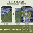 AGEMORE Cotton Flannel Double Sleeping Bag with Fleece Lined Hood, Waterproof Queen Size 2 Person Sleeping Bag for Adults Cold Weather Camping Backpacking or Hiking, 3-4season
