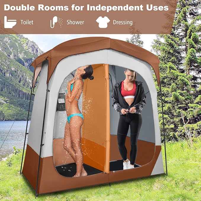 Tangkula Double Room Shower Tent, Oversize Space Privacy Tent with Floor, Removable Rain Fly, Inside Pocket, Clothesline, Top Hook, Portable Outdoor Changing Tent for Dressing, Camping, Toilet