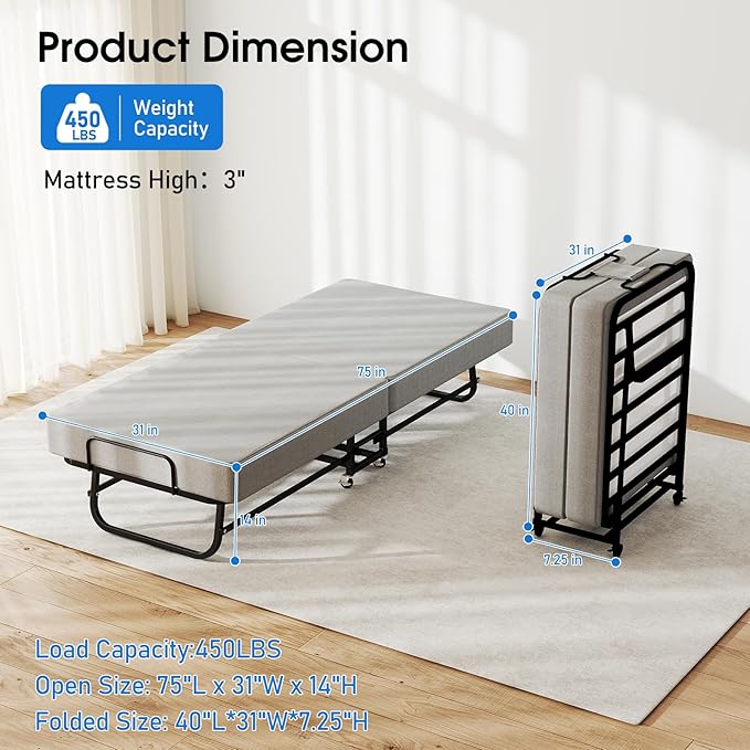 Folding Bed with Mattress, Portable Foldable Bed on Wheels for Adults, Memory Foam Mattress and Metal Frame, Space Saving Roll Away Beds for Easy Storage