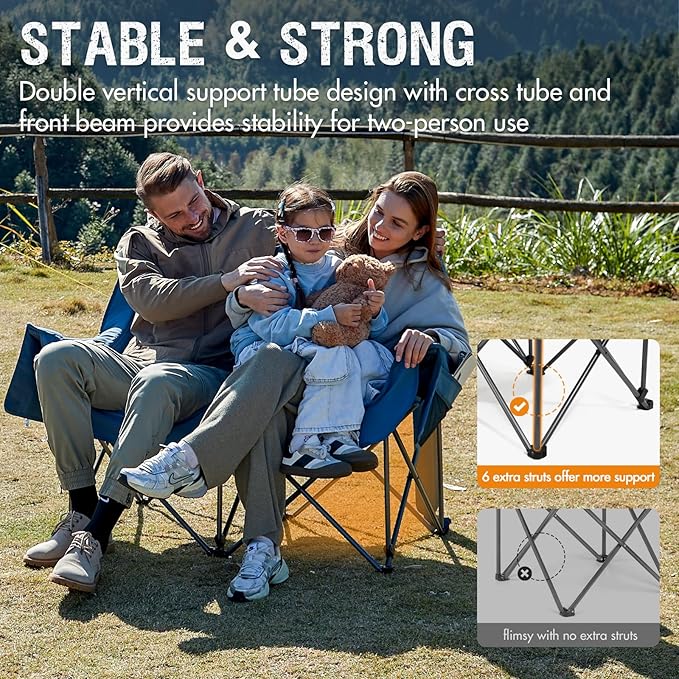 PORTAL Double Camping Chair, 2 Person Folding Loveseat for Adults, Padded Cushion Camp Lawn Love Seat with Side Pocket Portable Couch, Two Person Heavy Duty Wide Chairs with Cup Holder, 600 lbs