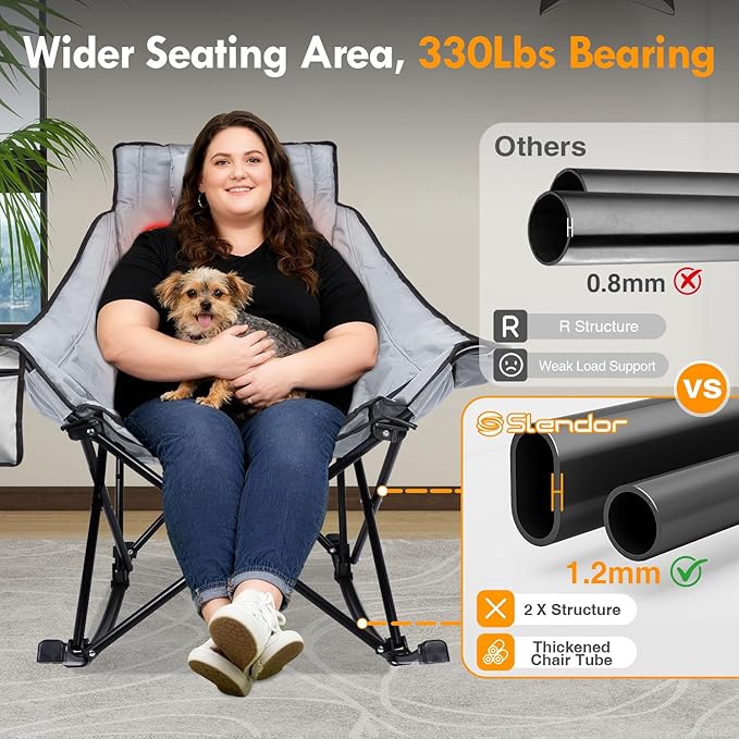 Slendor Oversized Heated Camping Chair with 2000mAh Battery, Padded & Pillow Heated Rocking Chair, 3 Adjustable Heat Settings Camping Rocker Chair for Easy Setup and Foldable Storage