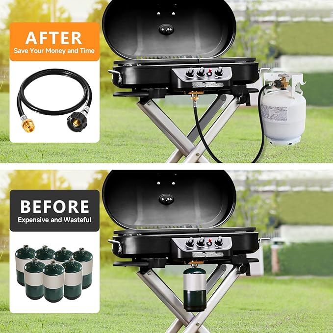 GasSaf 5FT Propane Hose, Propane Adapter 1lb to 20lb Converter, Propane Tank Gas Grill Hose Suitable for Weber Q Grill, Coleman Camping Stove, Buddy Heater and More Portable Grills