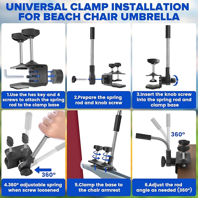 2PACK 48.7inch Umbrella for Beach Chair, 360°Adjustable 50+ UV Protection Large Camping Chair Umbrella with Universal Clip for Glof Cart, Garden Table, Bleacher（Chair,Table not include）