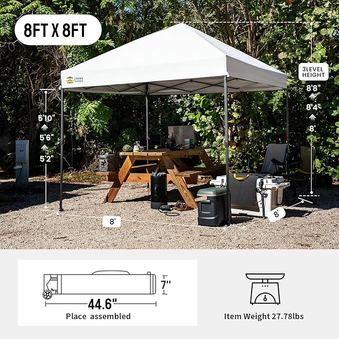 CROWN SHADES 8x8 Pop Up Canopy - Patented Center Lock One Push Instant Outdoor Canopy Beach Tent with STO-N-Go Bag 8 Stakes & 4 Sand Bags，White