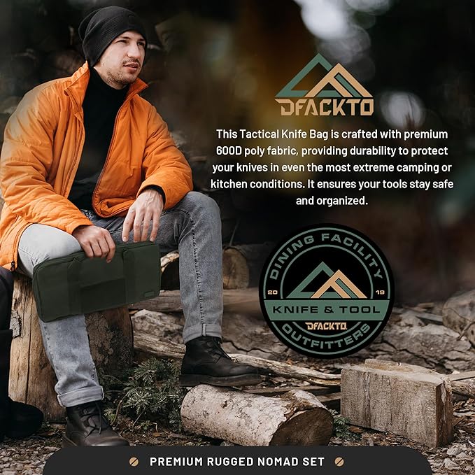 DFACKTO 11-PC Rugged Nomad Chef Knife Set - High Carbon Stainless Steel Kitchen Cutlery w/Full Tang G10 Handles, Protective Sheaths w/Green Travel Case - Professional Cutlery for Cooking & Camping