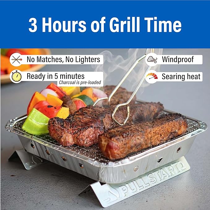 Pull Start Fire Grill | Single Use Portable Disposable Charcoal BBQ with Pull Start Matchless Ignition | Ready in 5 Min, 3 Hour Burn | Camping, Tailgating, Outdoor Cooking, No Cleanup Needed