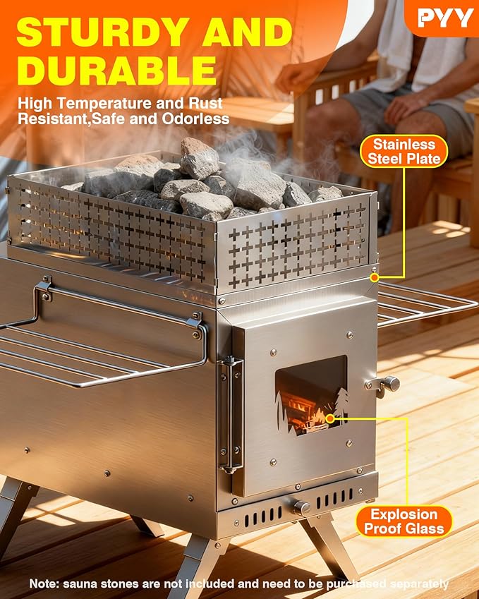 PYY Sauna Wood Stove - Upgraded Side-Window Sauna Stove Wood Burning For Outdoor, 2-In-1 Foldable Portable Sauna Stoves For Camping Tent, Dual Damper, Chimney Pipes, Stone Basket, For Sauna, Cooking