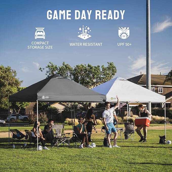 CROWN SHADES 12x12 Pop Up Canopy - Beach Tent with One Push Setup - Easy Outdoor Sun Shade Shelter for Events, Parties - Gazebo with STO-N-Go Cover Bag, Silver Coated Top, Grid Grey