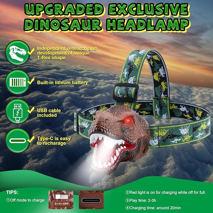 Dinosaur Headlamp for Kids Flashlight Rechargeable Led Headlights Roar & Silent Mode, T-Rex Dinosaur Toys for Kids 3-5 4-6 5-7 6-8, Camping Gear, Easter Gifts for Boys Girls Adults