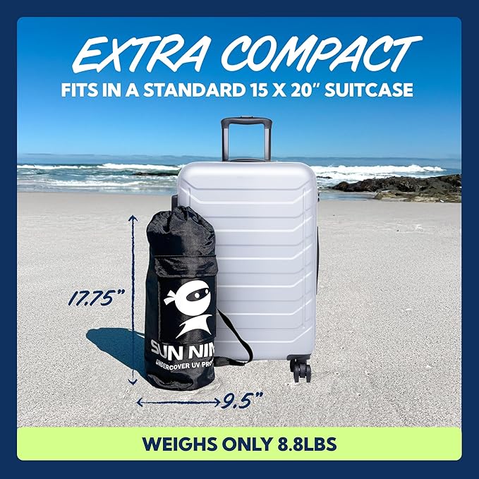 Sun Ninja Beach Tent Sun Shelter UPF50+ - Easy Pop Up Beach Canopy - Outdoor Shade for Camping Trips, Fishing, Backyard Fun Picnics - Sand Shovel, Ground Pegs & Stability Poles