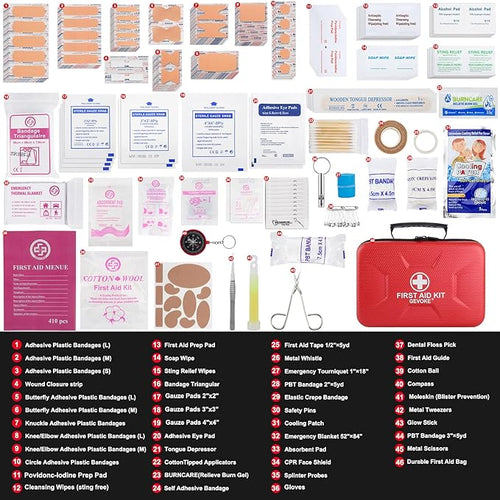 410 Piece Waterproof Hard Shell First Aid Kit for Home, Car, Travel, Camping, Truck, Hiking, Sports, Office, Vehicle & Outdoor Emergencies - Emergency Medical Kits (Red)