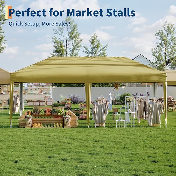 10x20 Pop Up Canopy - Easy Up Camping Tent with One Roller Bag, 3 Adjustable Height, 4 Weight Bags for Deck, Garden, Sports, Beach, Party - Khaki
