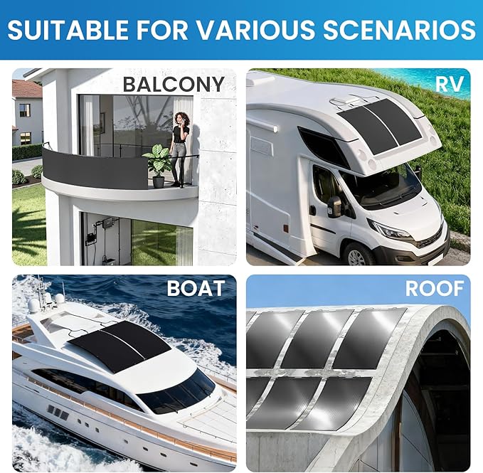 200W 12V IBC Flexible Solar Panel, 26% High-Efficiency Monocrystalline Cell, 245° Ultra Lightweight Waterproof Semi-Flexible for RV, Marine, Boat, Van, Camping (200W)