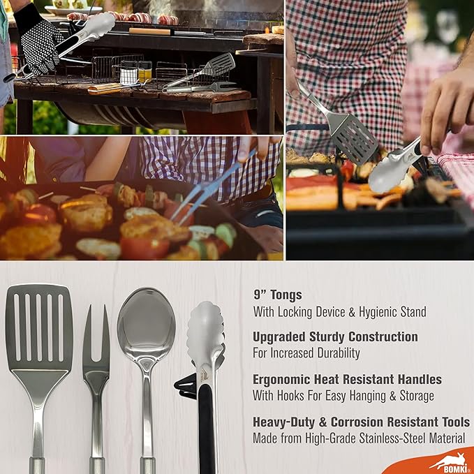 BOMKI Grilling and Camping Cooking Utensils Set for The Outdoors BBQ - Camping Utensil Set Kitchen Set Cookware Accessories Glamping Essentials Camp Stuff Camp Cooking Set (Black Pro)
