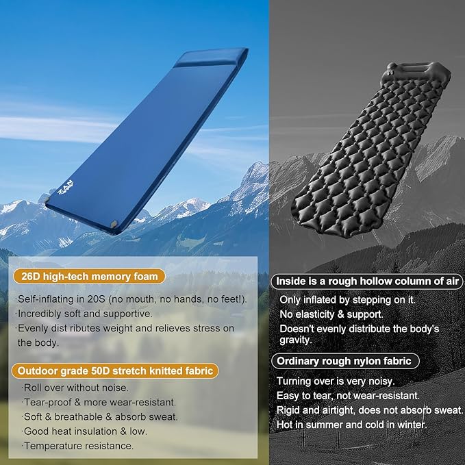 NYZ Self Inflating Sleeping Pad for Camping 3.1" Ultra-Thick Memory Foam Camping Mattress 20s Quick Inflation Camp Mat with Pillow Waterproof 4-Season for Camping Travel Tent Car