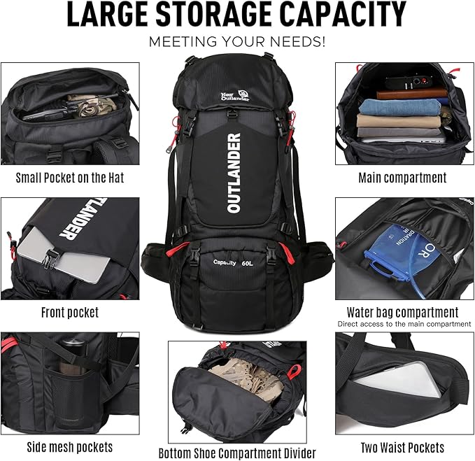 Hiking Backpack Camping Light Travel Backpack for Men Women with Shoe Compartment Rain Cover Can Hang Water Bag Green Blue Black Optional for Hiking Camping Traveling 60L Capacity