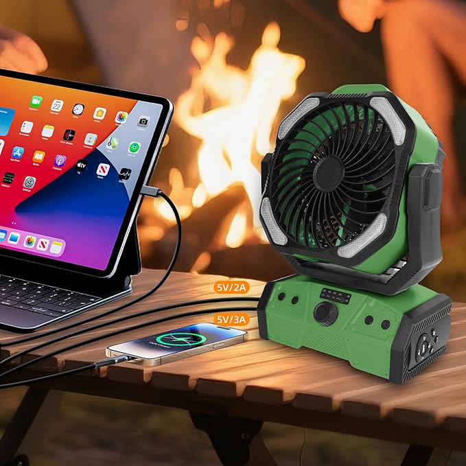 ELZO 30000mAh Camping Fan with LED Light, Max 70H Working, Cordless Portable Rechargeable Desk Tent USB Fan with Remote Hook, Head Rotation, Stepless Speed, for Home Outdoor Office Travel Fishing