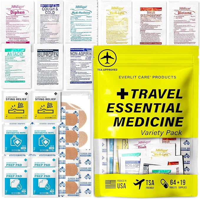 Travel Essential Medicine First Aid Kit I Bonus Medical Supplies I TSA Compliant Mini Size Medkit for Traveling Camping Trips Individually Packed 64 Tablets (Refill Pack)