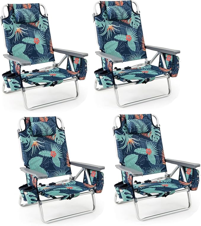 Giantex Folding Beach Chair, Patio Sling Chairs with 5 Adjustable Position, Head Pillow, Storage Bag, Towel Bar, Cup Holders, Backpack Chairs for Sunbathing, Camping Chair