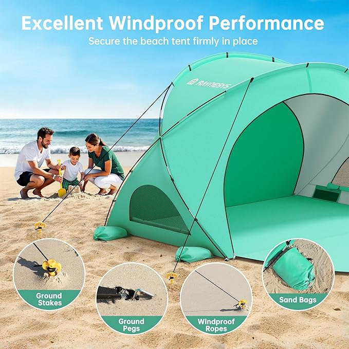 Beach Tent Sun Shelter, Sun Shelter for 1-3 Person, Beach Shade Tent, Beaches Shade with 2 Zippered Doors, Portable Tents for Camping Fishing, Green