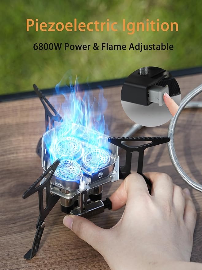 ONLYFIRE OUTDOOR LIVING Portable Camping Stove with 1LB Propane Gas Adapter, Backpacking Stove Piezo Ignition, Mini Camp Stoves with Carry Bag for Outdoor Cooking Picnic Hiking Emergency, 6800W, GS334