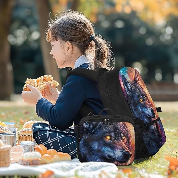 Galaxy Backpack for Men Wolf Bookbag with Lunch Bag Insulated Lightweight Polyester School Bag for Outdoor Camping Travel Casual Book Bag Daypack