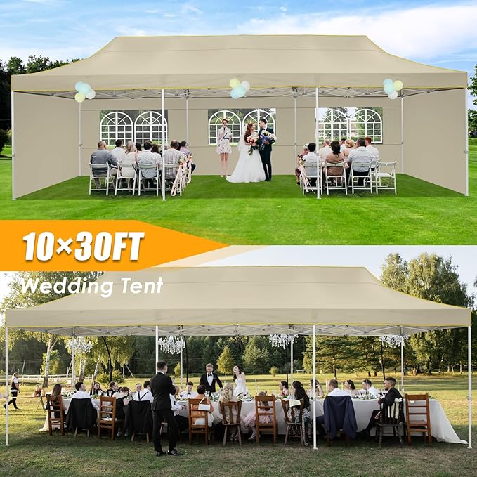 HOTEEL 10x30 Heavy Duty Pop Up Canopy Tent with 5 Sidewalls&Wheeled Bag, Commercial Event Party Tent Wedding Instant Canopy Waterproof, Upgraded Thicked Hexagonal Legs, UV 50+, Khaki