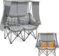 Double Camping Chair with Canopy Shade Oversized Folding Loveseat with Roof, 660lbs Heavy Duty Outdoor Lawn Chair with Holders Pocket for Camping, Fishing (Heating Zones for Cool Evenings)(Gray Plaid)