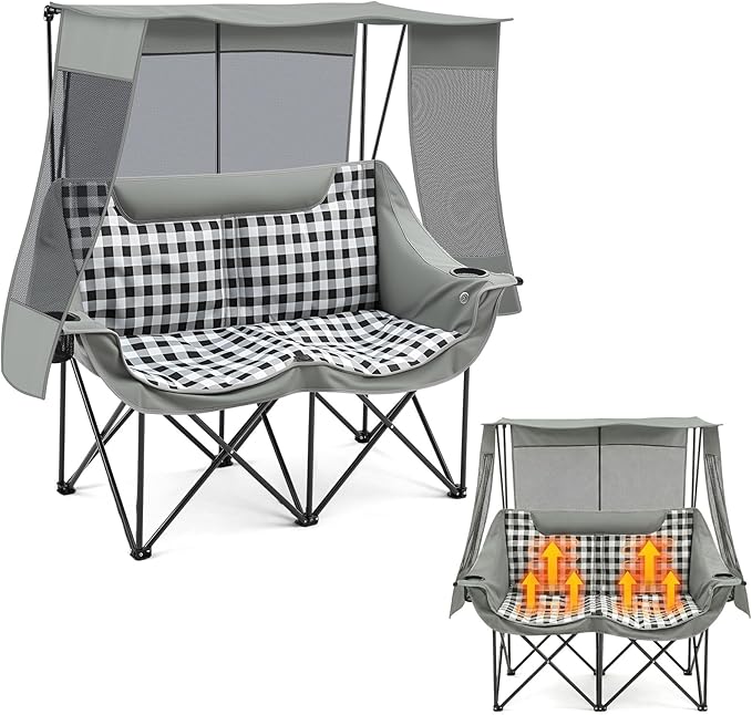 Double Camping Chair with Canopy Shade Oversized Folding Loveseat with Roof, 660lbs Heavy Duty Outdoor Lawn Chair with Holders Pocket for Camping, Fishing (Heating Zones for Cool Evenings)(Gray Plaid)