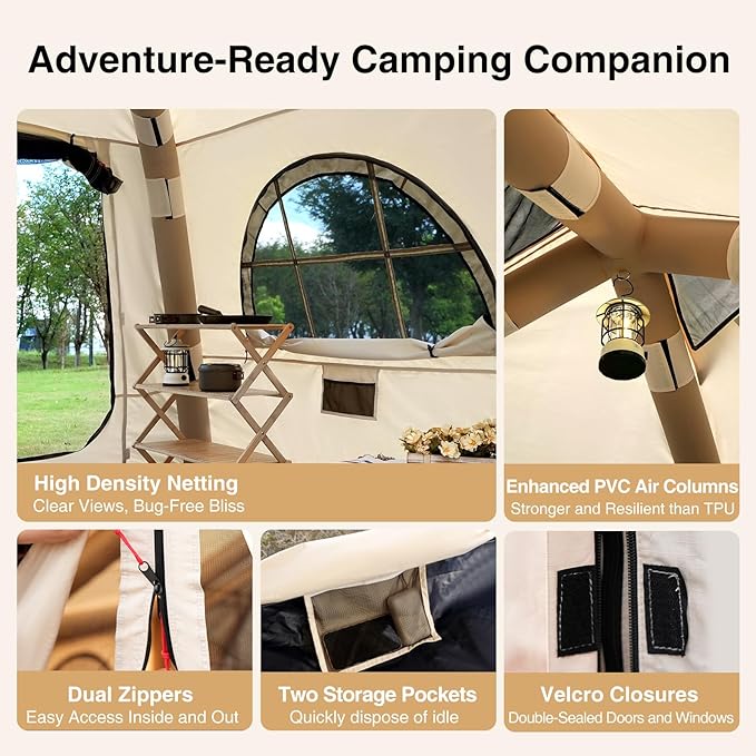2025 Upgraded Waterproof Inflatable Camping Tent, Large Blow-Up Air Tent, No Assembly Needed Luxury Glamping House, Oxford Fabric