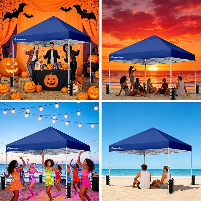 Anytee-10x10 Pop Up Canopy Tent, Easy Up Waterproof Outdoor Canopy with Wheeled Bag, Sun Shade for Patio, Backyard, Parties, Camping-Navy Blue Ventilated